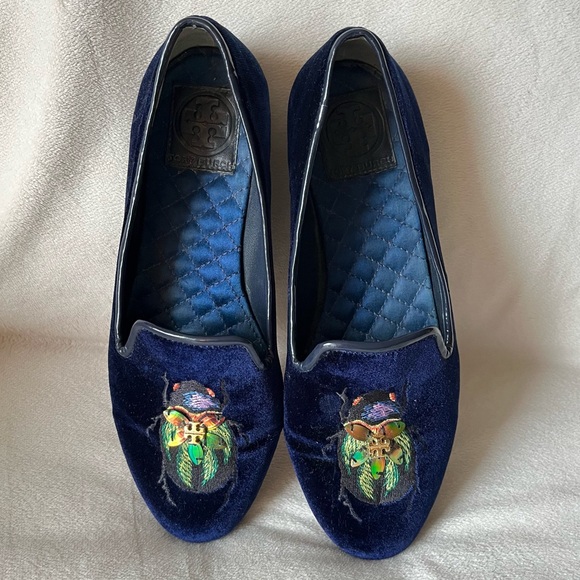 Tory Burch Shoes - Tory Burch Easton Blue Velvet Loafers Embroidered Beetle Fairycore Regal Sz 6.5